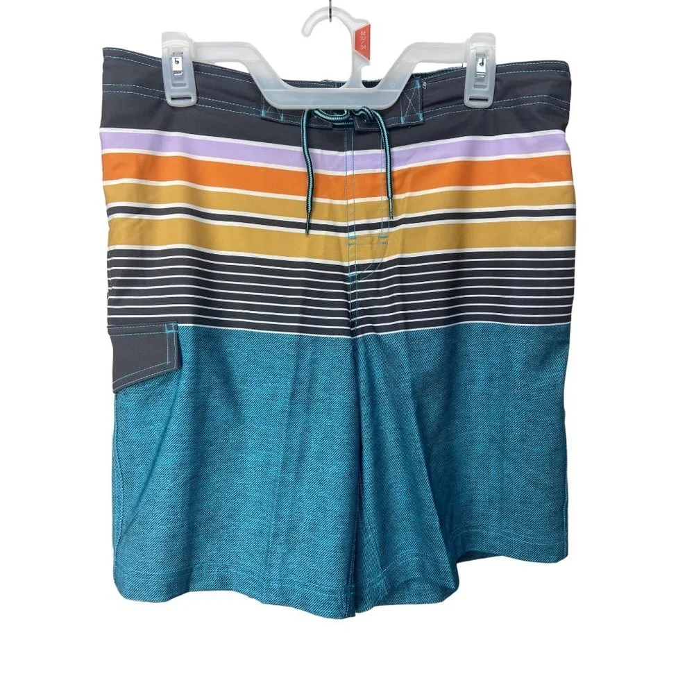 George Mens Multi Colored Striped Drawstring Waist With Pockets Swim Trunks With